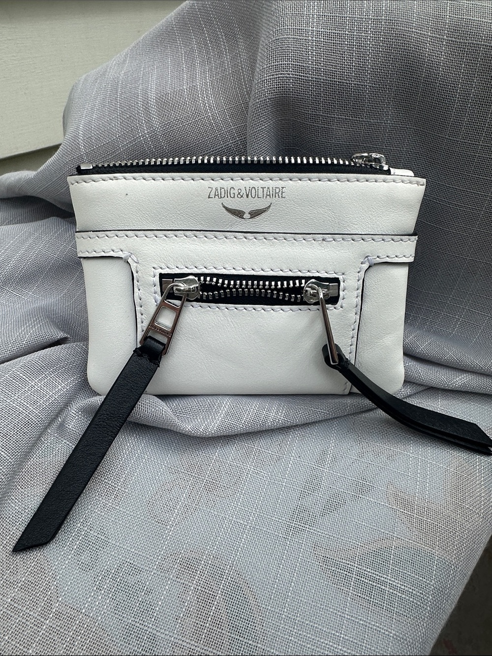 Zadig & Voltaire White Leather Mini Zip Card Case with Black Trim